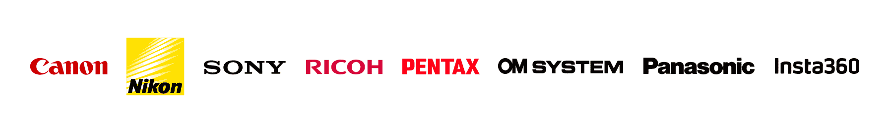 CANON、NIKON、SONY、RICOH、PENTAX、OM SYSTEM、Panasonic、insta360