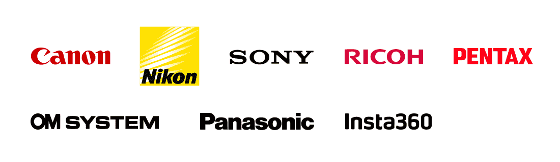 CANON、NIKON、SONY、RICOH、PENTAX、OM SYSTEM、Panasonic、insta360